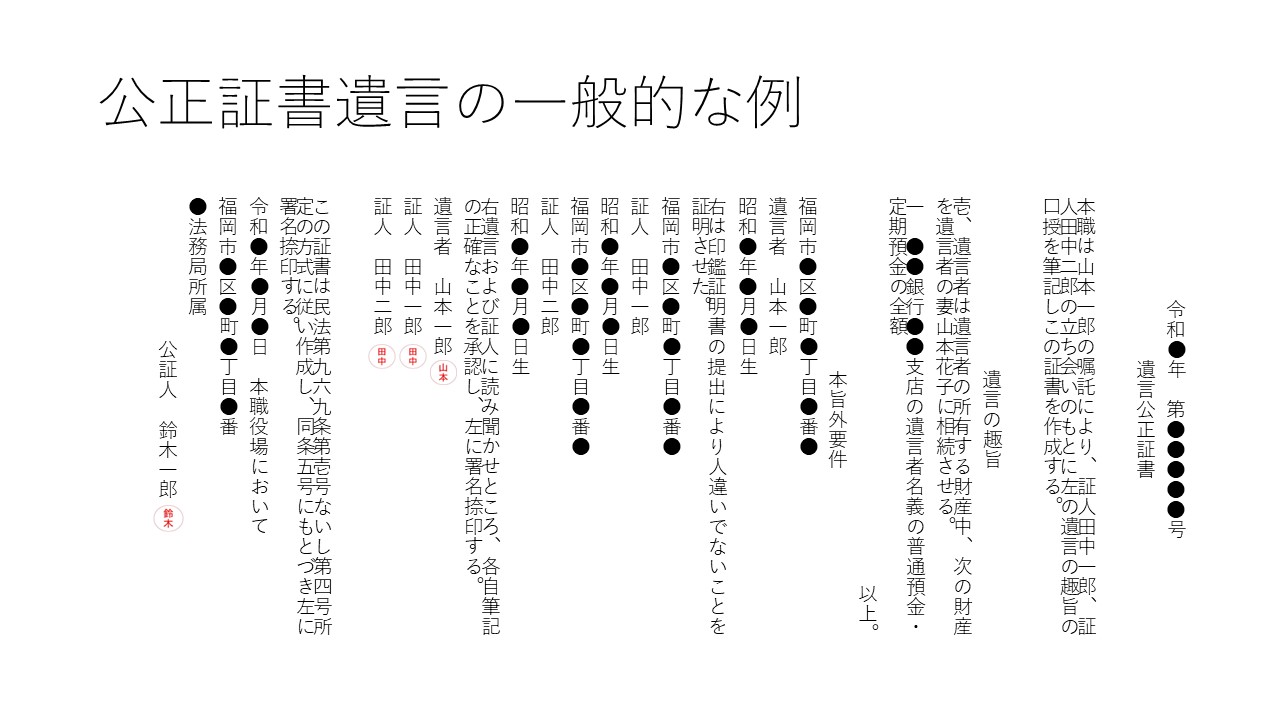 公正証書遺言の一般的な例